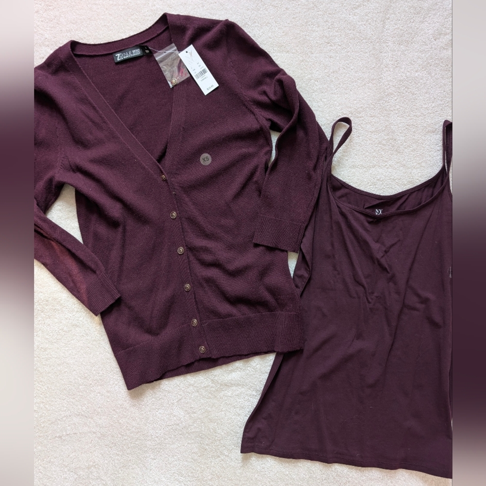 NWT New York & Company Burgundy Cardigan And Cami Set XS